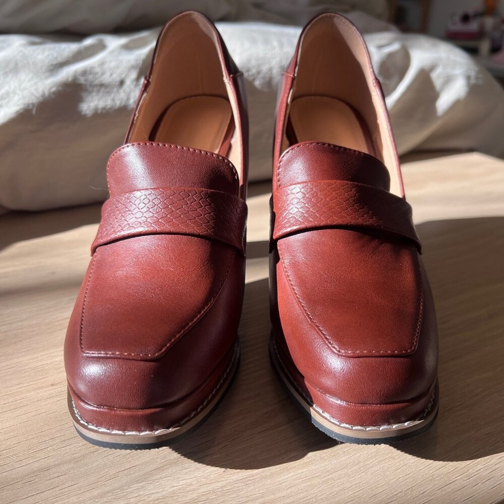 Brown Square Heel Loafer Pumps